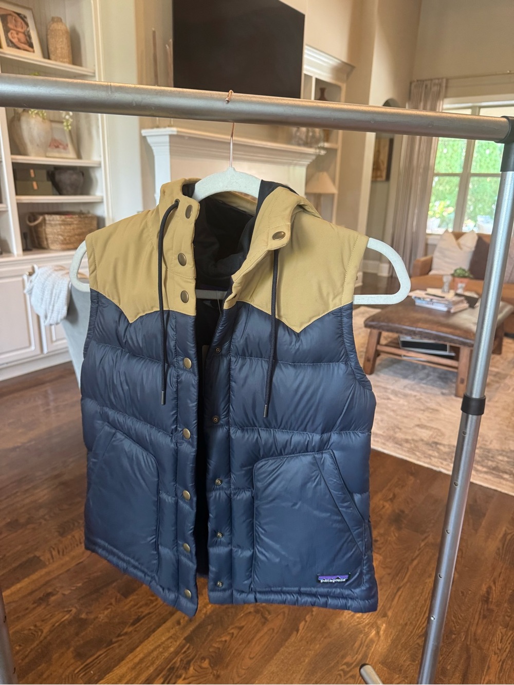 Patagonia Women’s Navy & Tan Puffer Vest with Hood